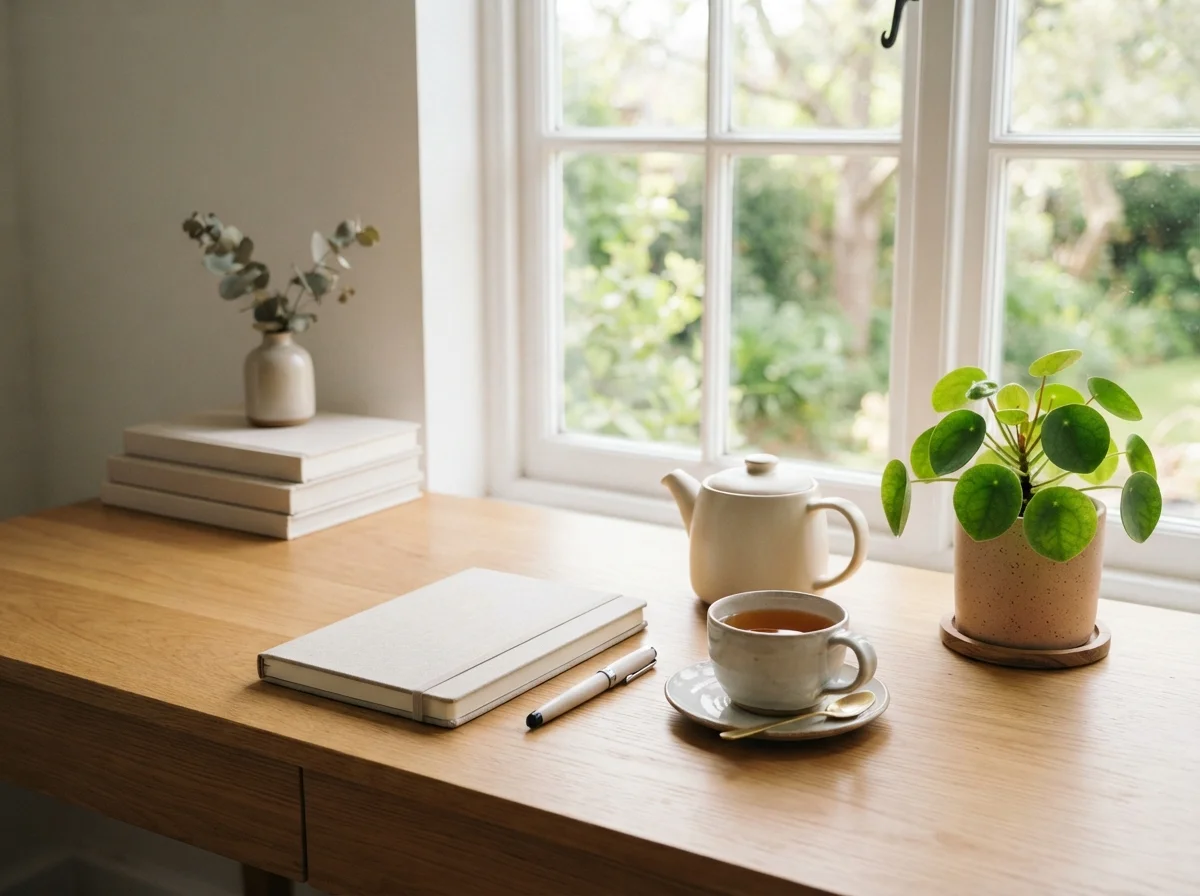 Zorova workspace with notebooks and supplements on a clean desk
